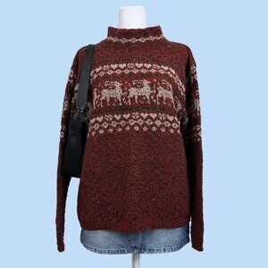 red and cream reindeer vintage 90s knit mock neck sweater